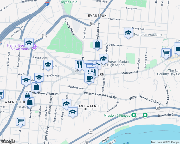 map of restaurants, bars, coffee shops, grocery stores, and more near 1550 Madison Road in Cincinnati