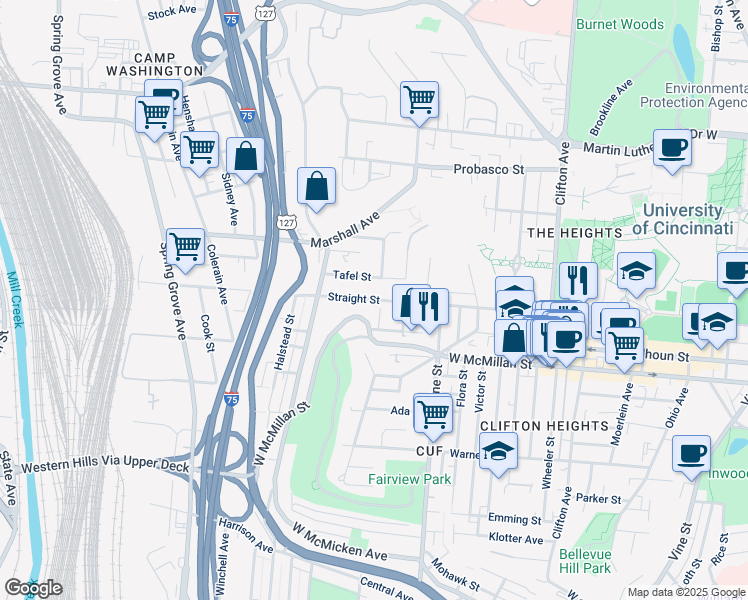 map of restaurants, bars, coffee shops, grocery stores, and more near 650 Straight Street in Cincinnati