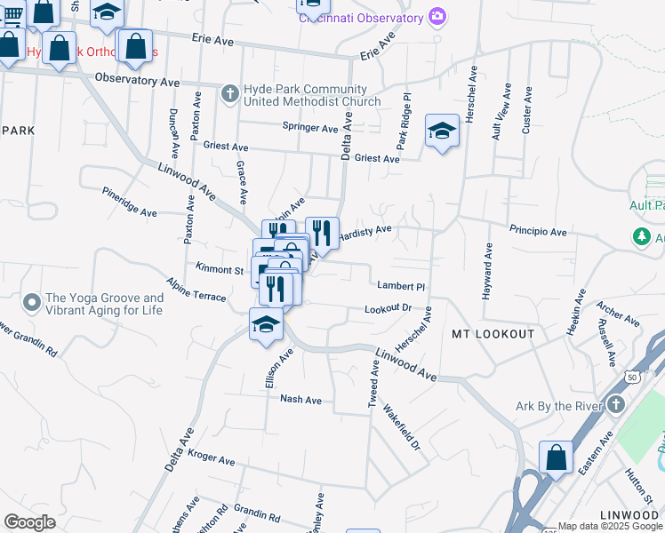 map of restaurants, bars, coffee shops, grocery stores, and more near 3221 Glengyle Avenue in Cincinnati