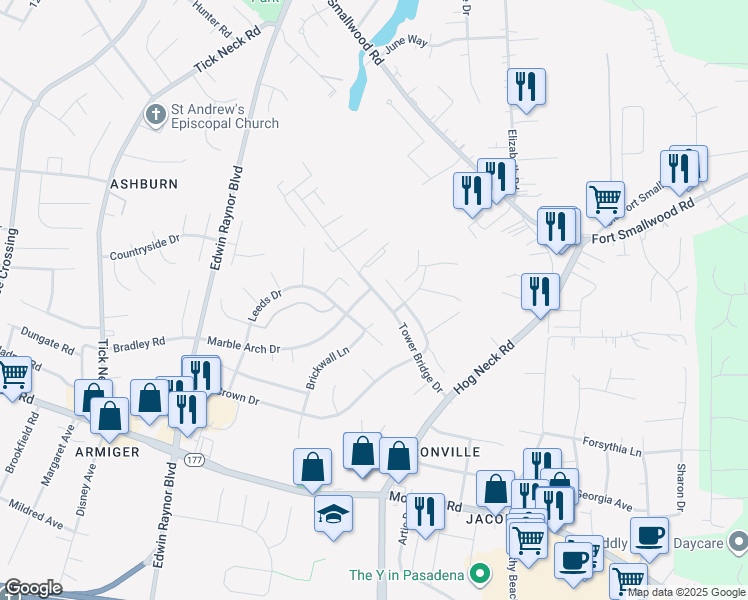 map of restaurants, bars, coffee shops, grocery stores, and more near 8002 Tower Bridge Drive in Pasadena