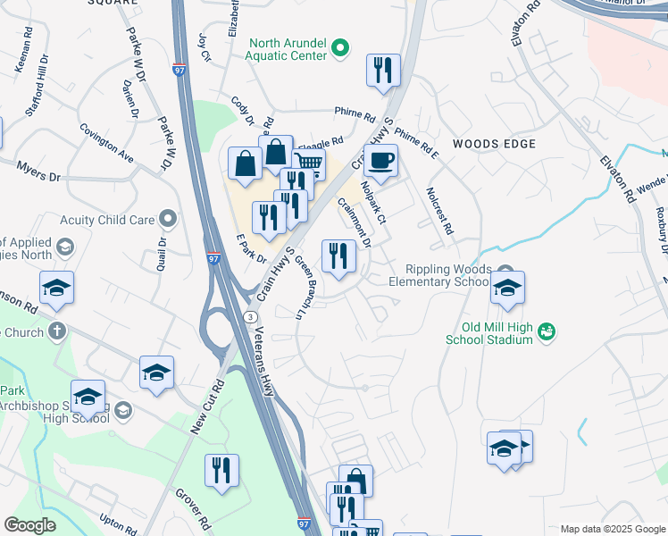 map of restaurants, bars, coffee shops, grocery stores, and more near 8043 Greenleaf Terrace in Glen Burnie