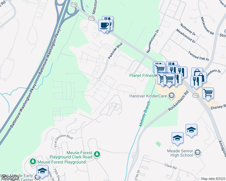 map of restaurants, bars, coffee shops, grocery stores, and more near 2805 Fredericksburg Road in Hanover