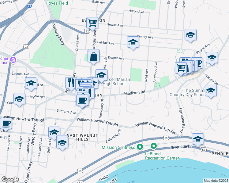 map of restaurants, bars, coffee shops, grocery stores, and more near 2915 Fairfield Avenue in Cincinnati