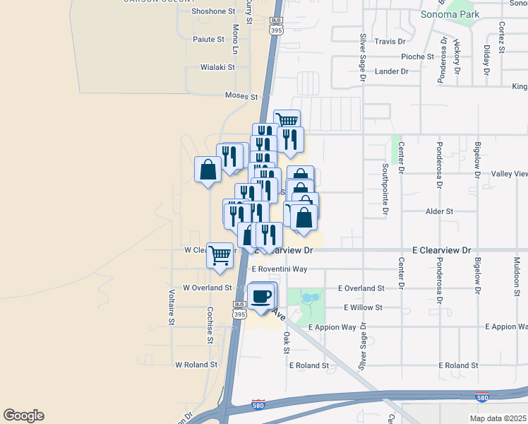 map of restaurants, bars, coffee shops, grocery stores, and more near 3921 South Carson Street in Carson City