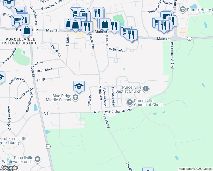 map of restaurants, bars, coffee shops, grocery stores, and more near 703 Pipers Brook Drive in Purcellville