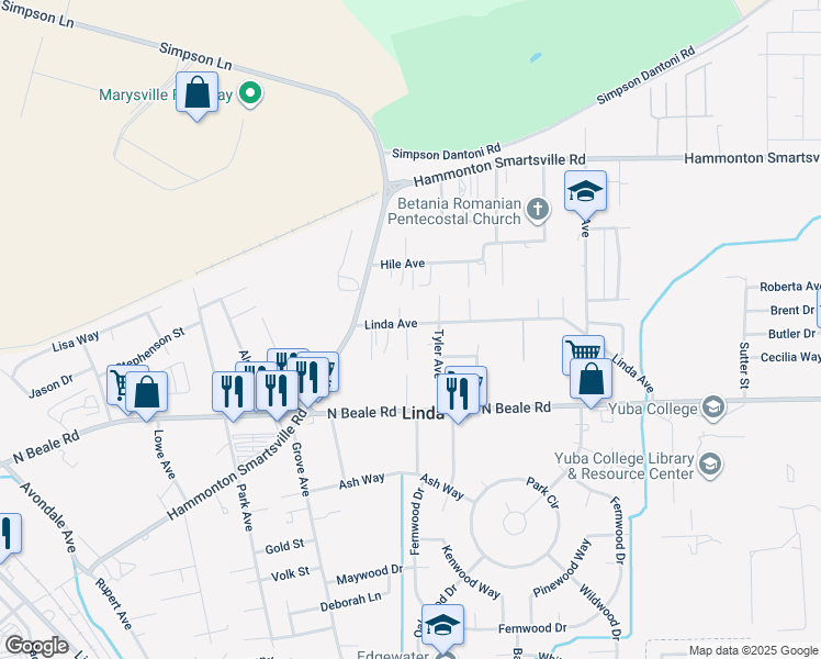map of restaurants, bars, coffee shops, grocery stores, and more near 1773 Linda Avenue in Marysville