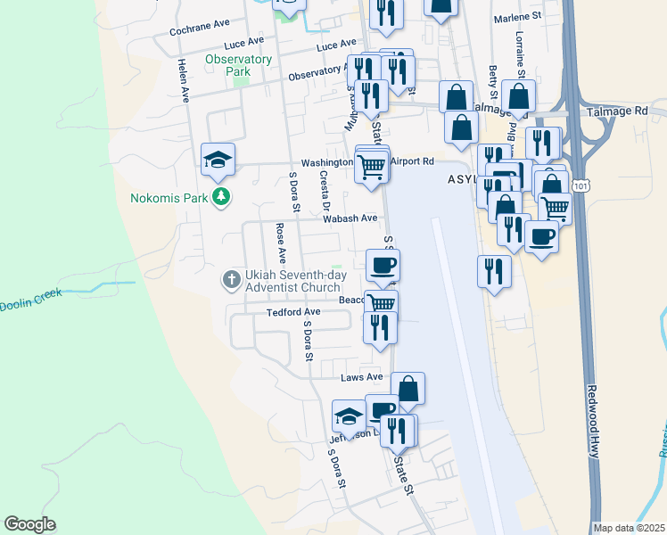 map of restaurants, bars, coffee shops, grocery stores, and more near 1343 South Dora Street in Ukiah