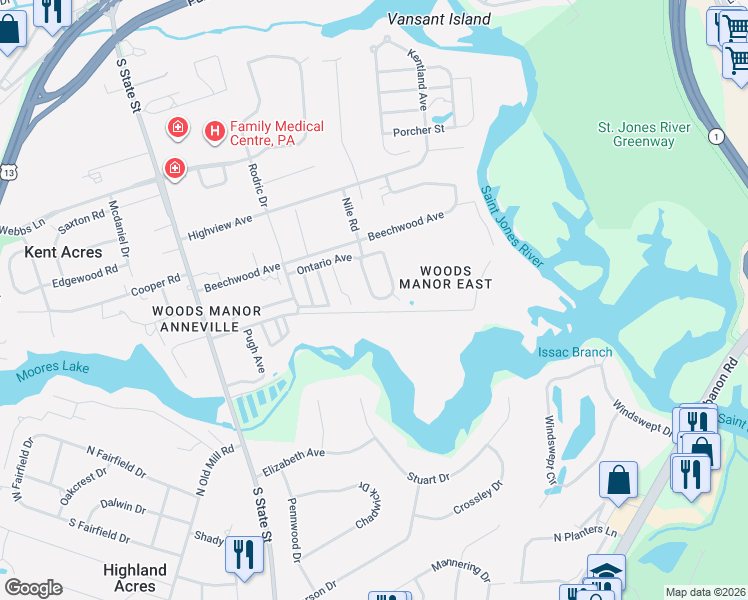 map of restaurants, bars, coffee shops, grocery stores, and more near 51 Pinewood Avenue in Dover