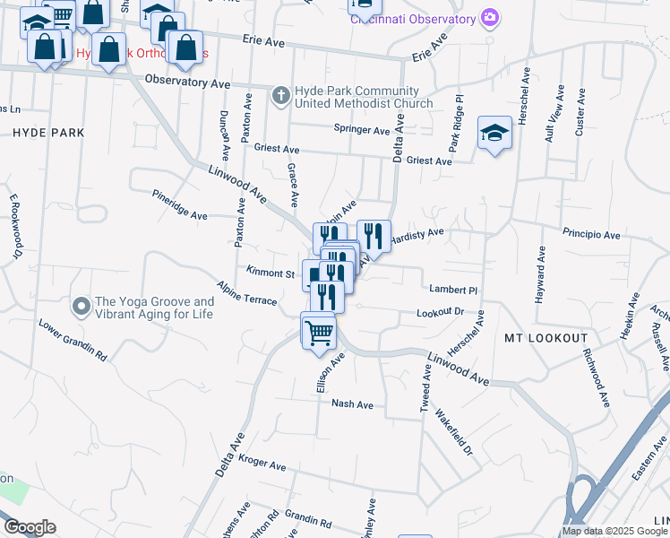 map of restaurants, bars, coffee shops, grocery stores, and more near 3151 Linwood Avenue in Cincinnati