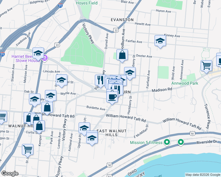 map of restaurants, bars, coffee shops, grocery stores, and more near 1510 Chapel Street in Cincinnati