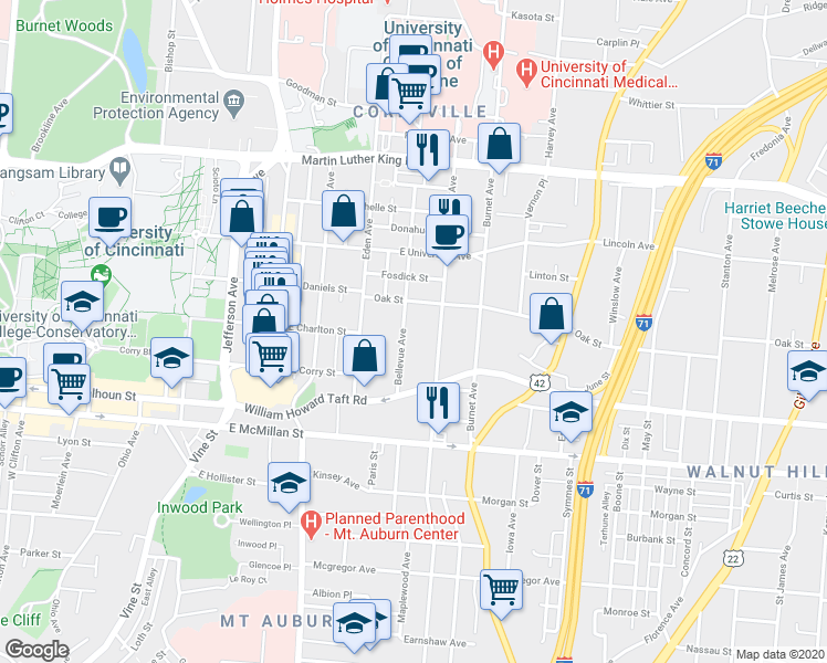 map of restaurants, bars, coffee shops, grocery stores, and more near 2658 Bellevue Avenue in Cincinnati