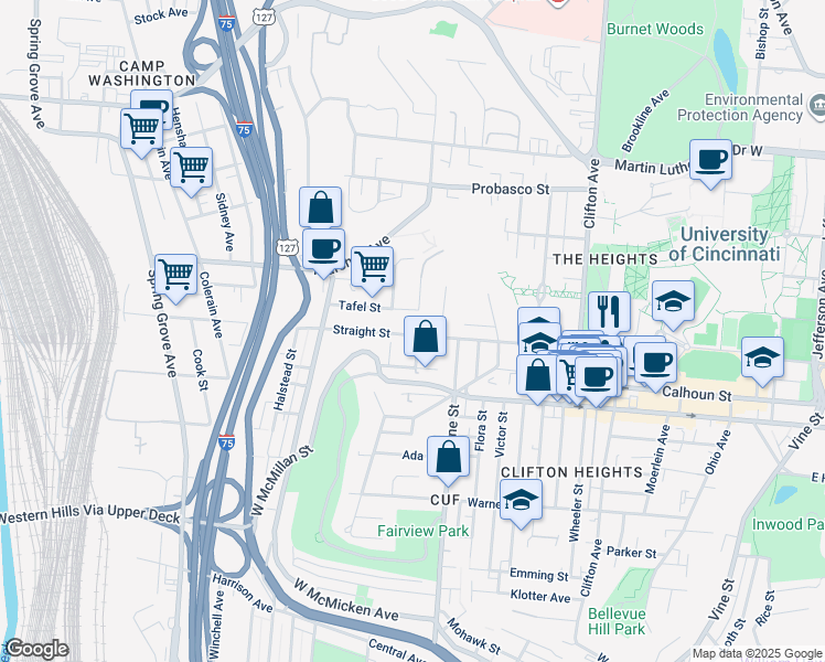 map of restaurants, bars, coffee shops, grocery stores, and more near 2710 Wagner Street in Cincinnati
