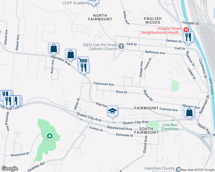map of restaurants, bars, coffee shops, grocery stores, and more near 1920 Fairmount Avenue in Cincinnati