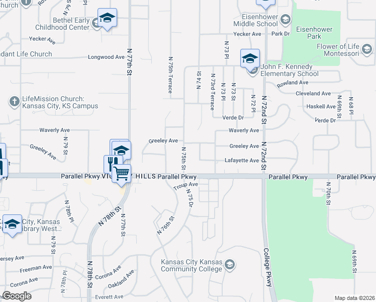 map of restaurants, bars, coffee shops, grocery stores, and more near 2049 North 75th Street in Kansas City