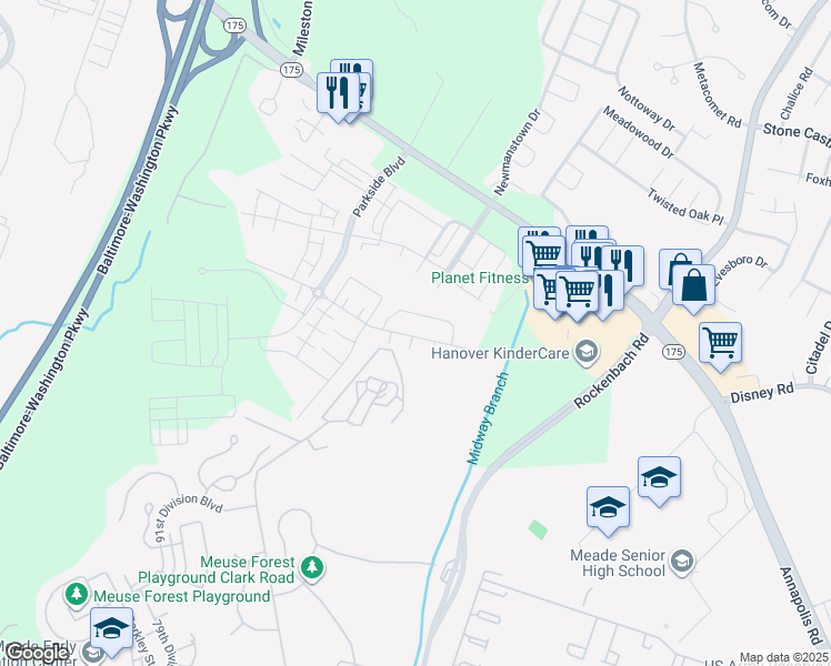 map of restaurants, bars, coffee shops, grocery stores, and more near 2764 Fredericksburg Road in Hanover