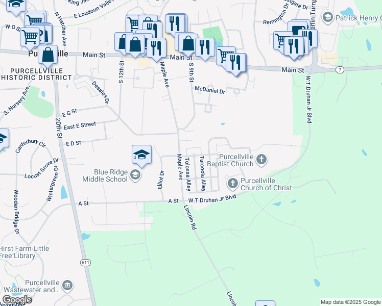 map of restaurants, bars, coffee shops, grocery stores, and more near 703 Pipers Brook Drive in Purcellville