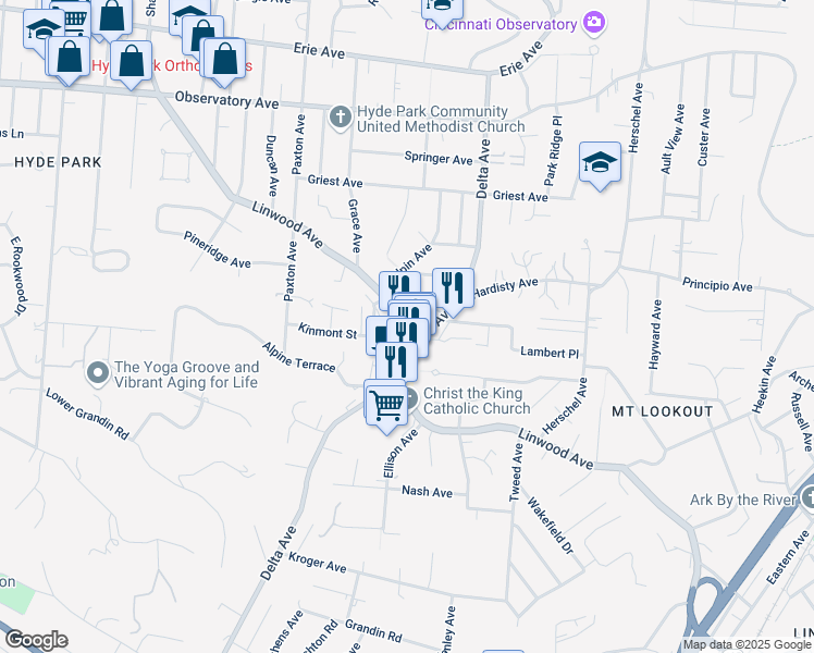 map of restaurants, bars, coffee shops, grocery stores, and more near 3160 Linwood Avenue in Cincinnati