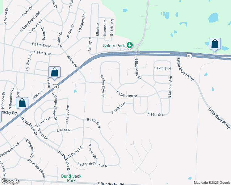 map of restaurants, bars, coffee shops, grocery stores, and more near 19711 East Millhaven Street in Independence
