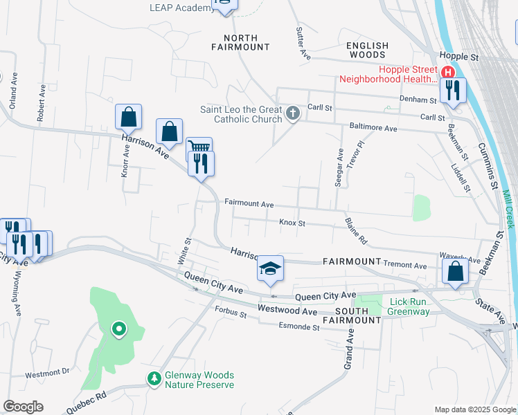 map of restaurants, bars, coffee shops, grocery stores, and more near 1920 Fairmount Avenue in Cincinnati