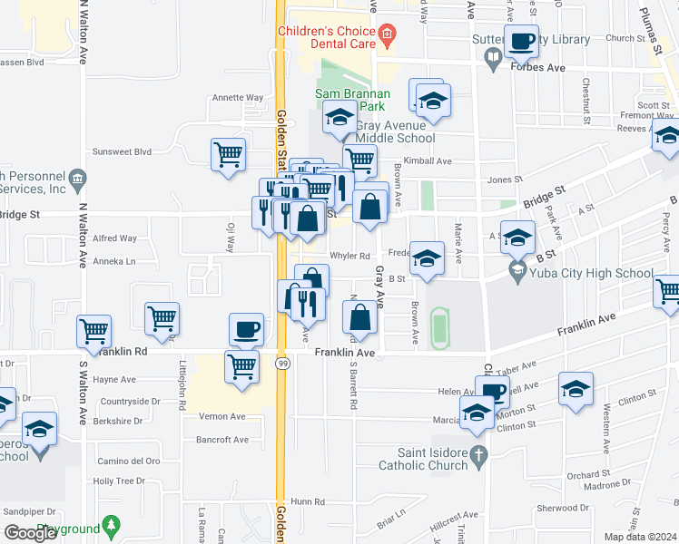 map of restaurants, bars, coffee shops, grocery stores, and more near 1165 B Street in Yuba City