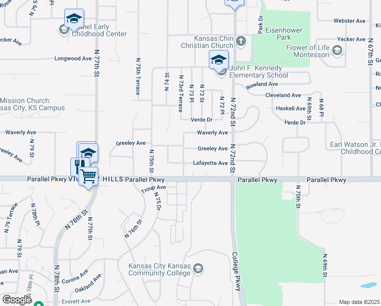map of restaurants, bars, coffee shops, grocery stores, and more near 7325 Greeley Avenue in Kansas City