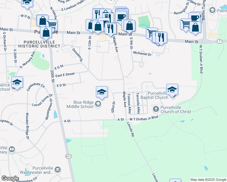 map of restaurants, bars, coffee shops, grocery stores, and more near 612 Elliot Drive in Purcellville