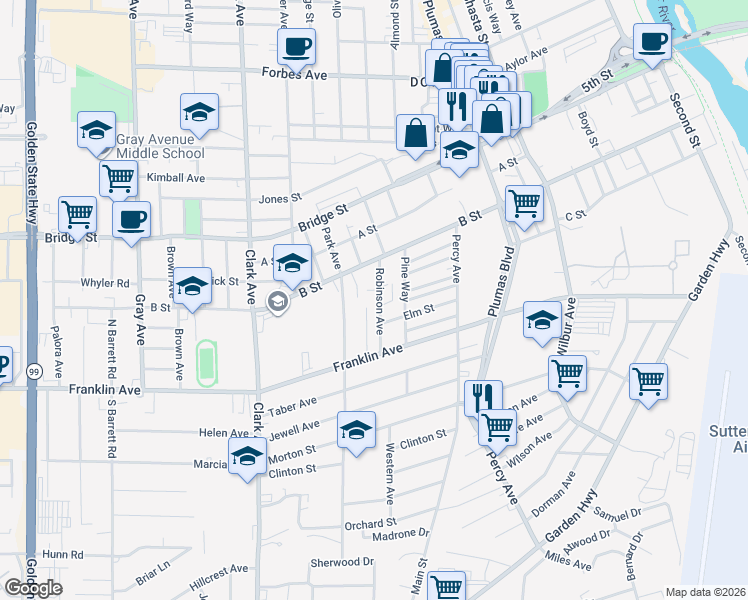 map of restaurants, bars, coffee shops, grocery stores, and more near 438 Robinson Avenue in Yuba City