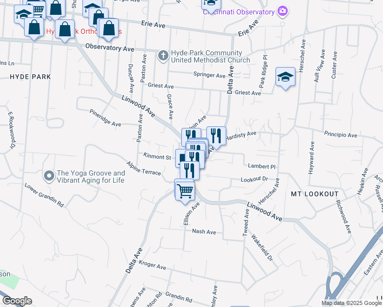 map of restaurants, bars, coffee shops, grocery stores, and more near 3160 Linwood Avenue in Cincinnati