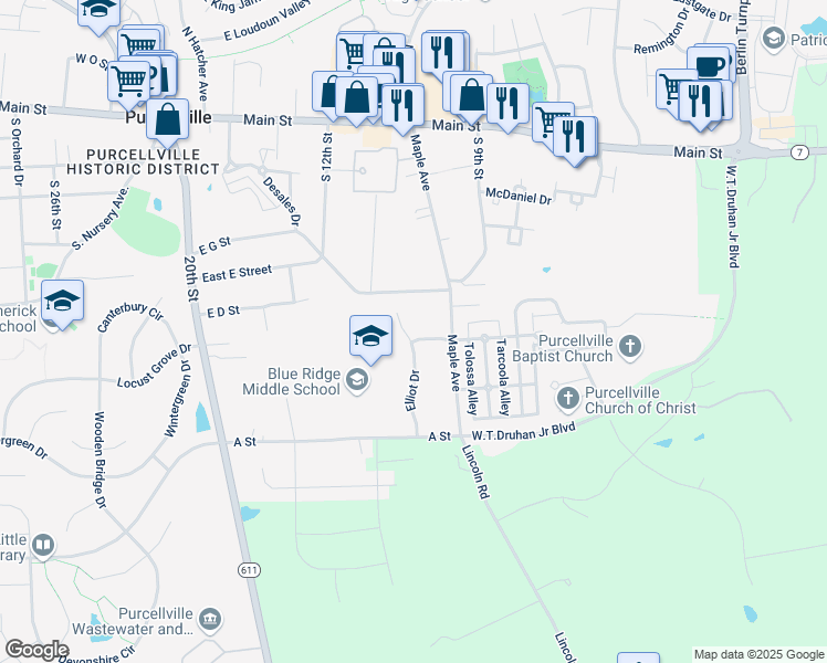 map of restaurants, bars, coffee shops, grocery stores, and more near 612 Elliot Drive in Purcellville