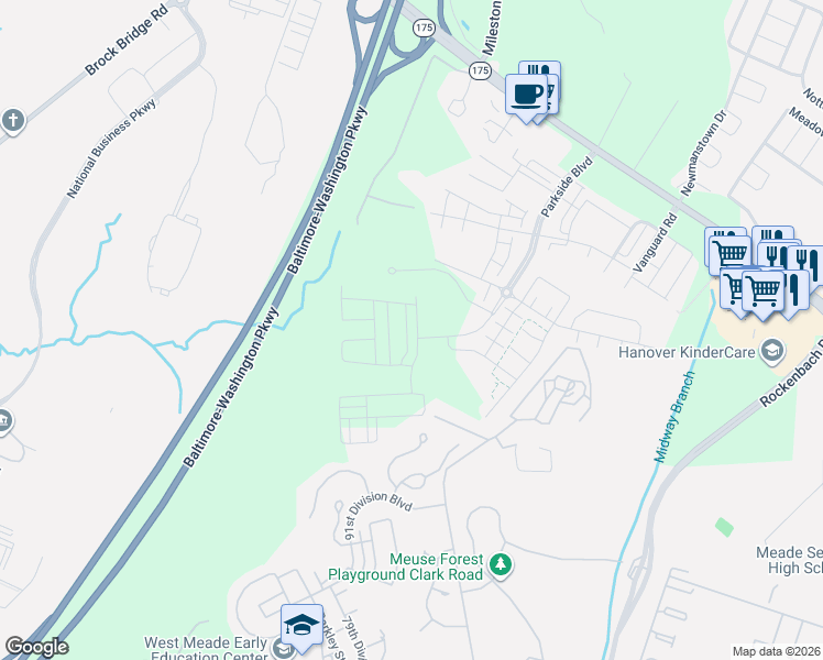 map of restaurants, bars, coffee shops, grocery stores, and more near 3452 Jacobs Ford Way in Jessup