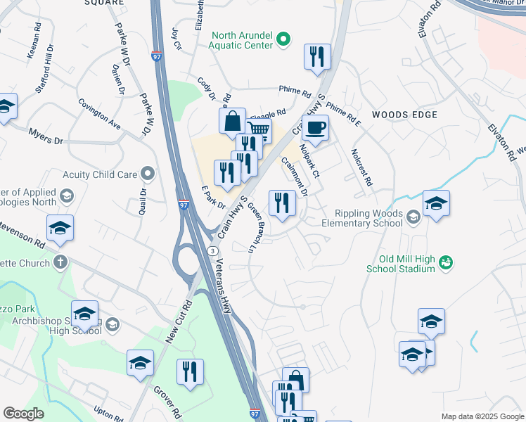 map of restaurants, bars, coffee shops, grocery stores, and more near 8009 Greenleaf Terrace in Glen Burnie