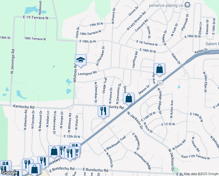 map of restaurants, bars, coffee shops, grocery stores, and more near 1502 North Ponca Drive in Independence