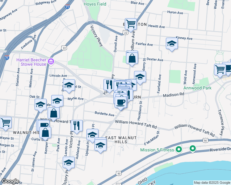 map of restaurants, bars, coffee shops, grocery stores, and more near 1510 Chapel Street in Cincinnati