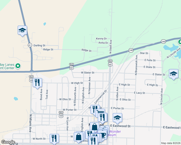 map of restaurants, bars, coffee shops, grocery stores, and more near 187 West Slater Street in Marshall