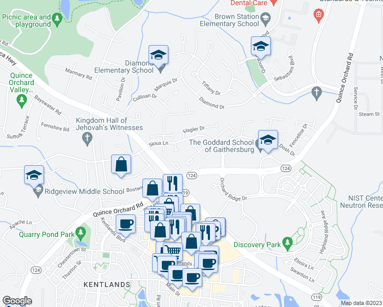 map of restaurants, bars, coffee shops, grocery stores, and more near 1003 Bayridge Terrace in Gaithersburg