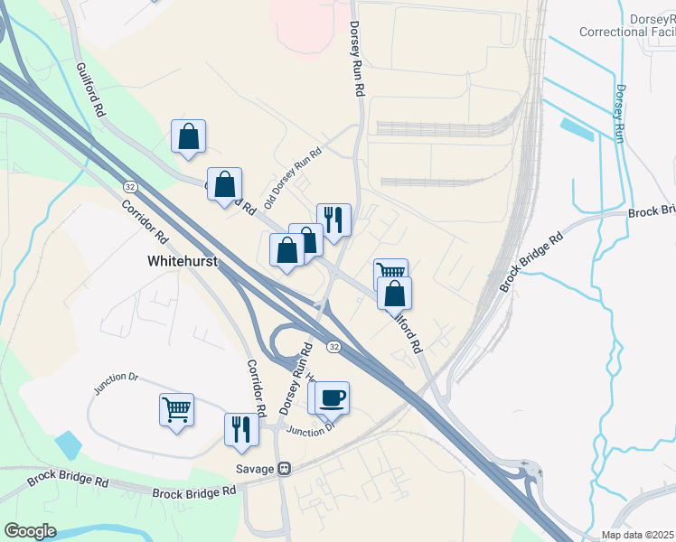 map of restaurants, bars, coffee shops, grocery stores, and more near 10907 Guilford Road in Annapolis Junction
