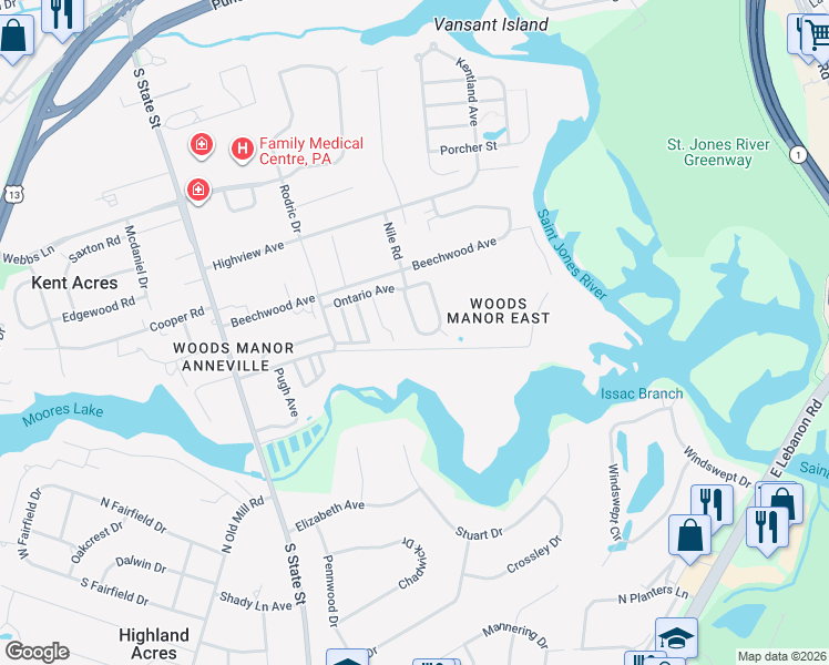 map of restaurants, bars, coffee shops, grocery stores, and more near 51 Pinewood Avenue in Dover