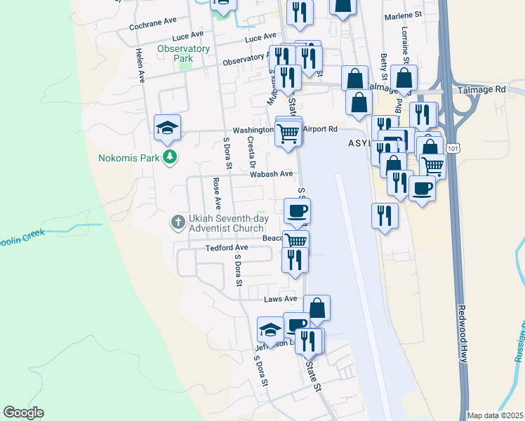 map of restaurants, bars, coffee shops, grocery stores, and more near 1343 South Dora Street in Ukiah