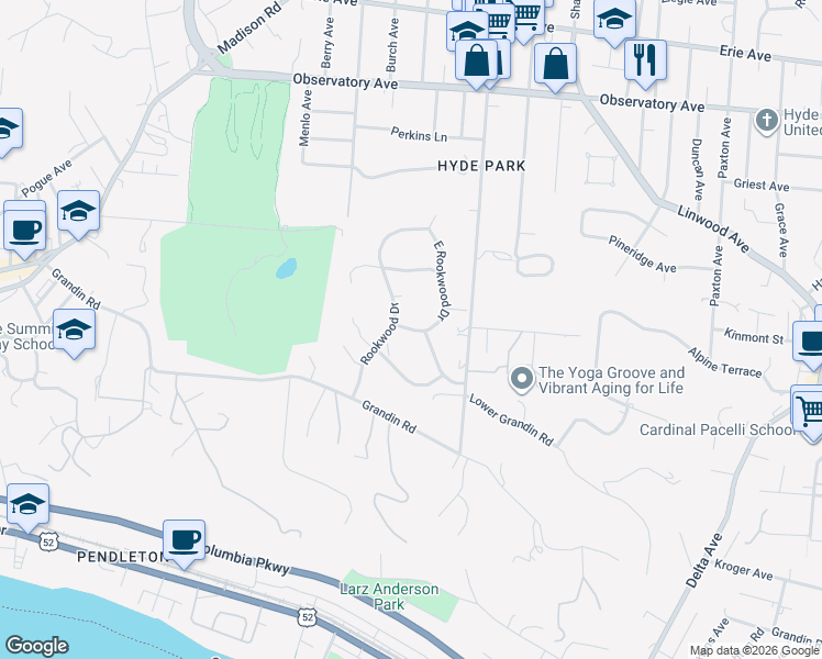 map of restaurants, bars, coffee shops, grocery stores, and more near Rookwood Place in Cincinnati