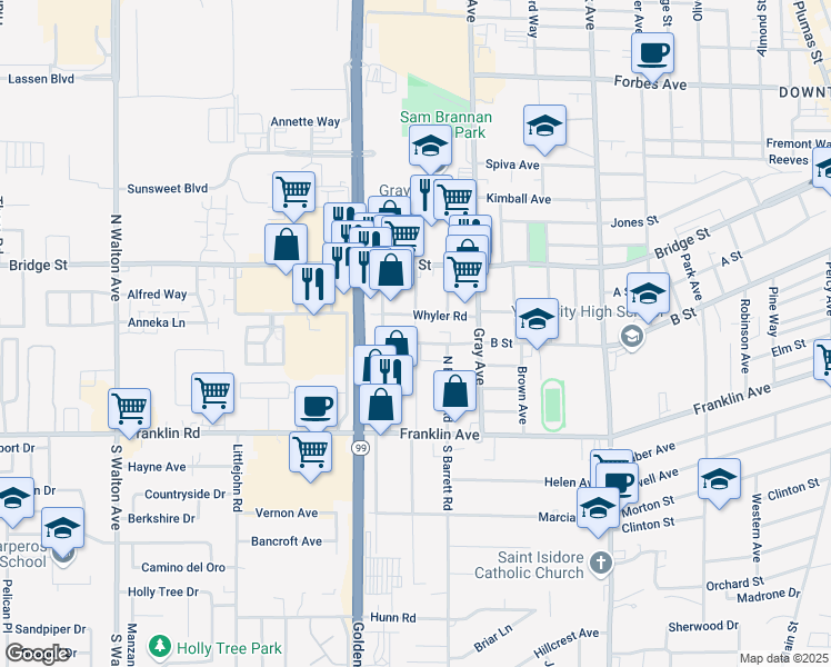 map of restaurants, bars, coffee shops, grocery stores, and more near 1201 B Street in Yuba City