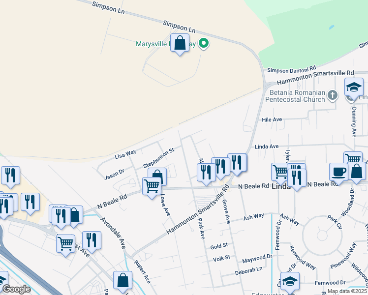map of restaurants, bars, coffee shops, grocery stores, and more near 1515 Stephenson Street in Marysville