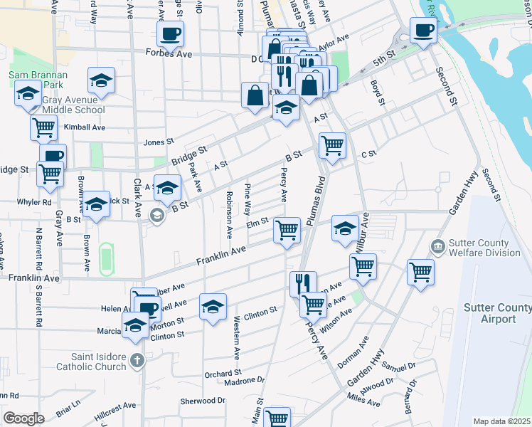 map of restaurants, bars, coffee shops, grocery stores, and more near 631 Spruce Way in Yuba City