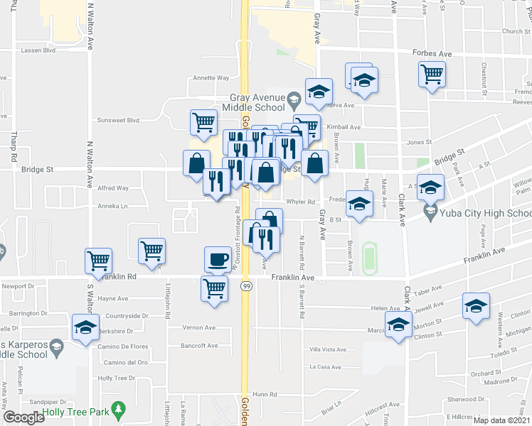 map of restaurants, bars, coffee shops, grocery stores, and more near 1220 Whyler Road in Yuba City