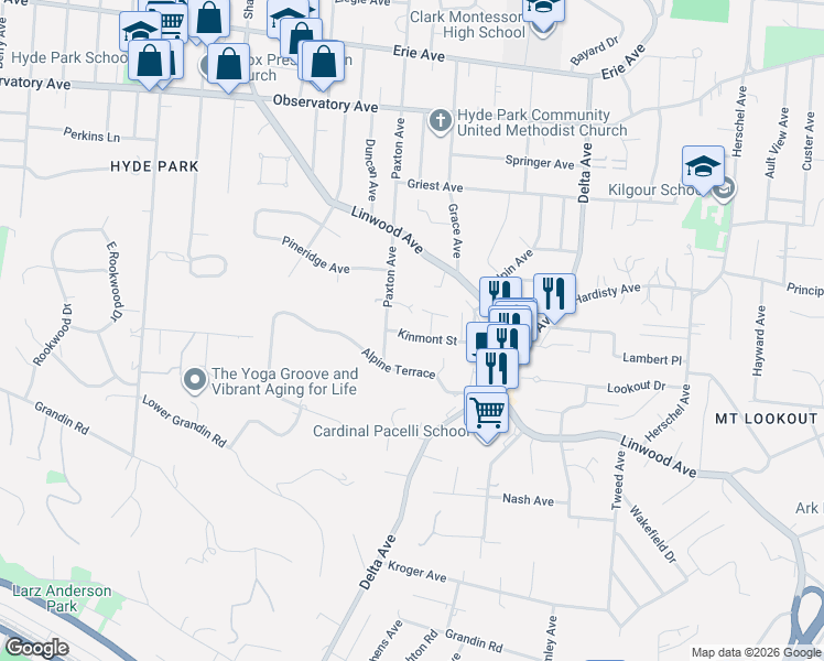 map of restaurants, bars, coffee shops, grocery stores, and more near 3033 Linview Avenue in Cincinnati