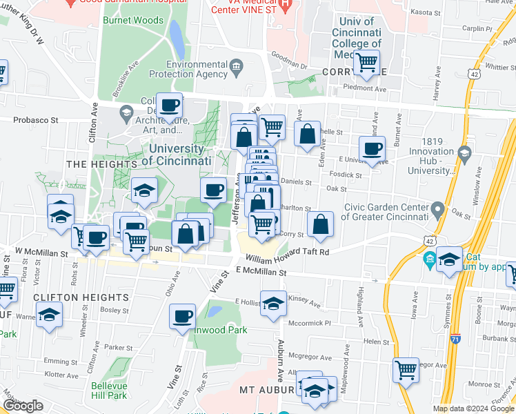 map of restaurants, bars, coffee shops, grocery stores, and more near 21 West Charlton Street in Cincinnati