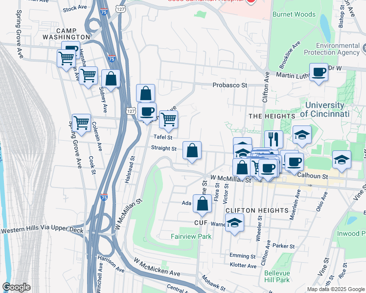 map of restaurants, bars, coffee shops, grocery stores, and more near 607 Tafel Street in Cincinnati