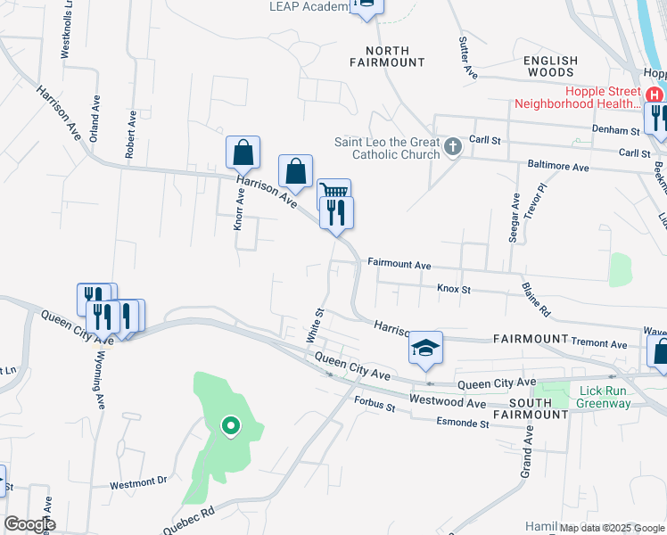 map of restaurants, bars, coffee shops, grocery stores, and more near 1991 Fairmount Avenue in Cincinnati