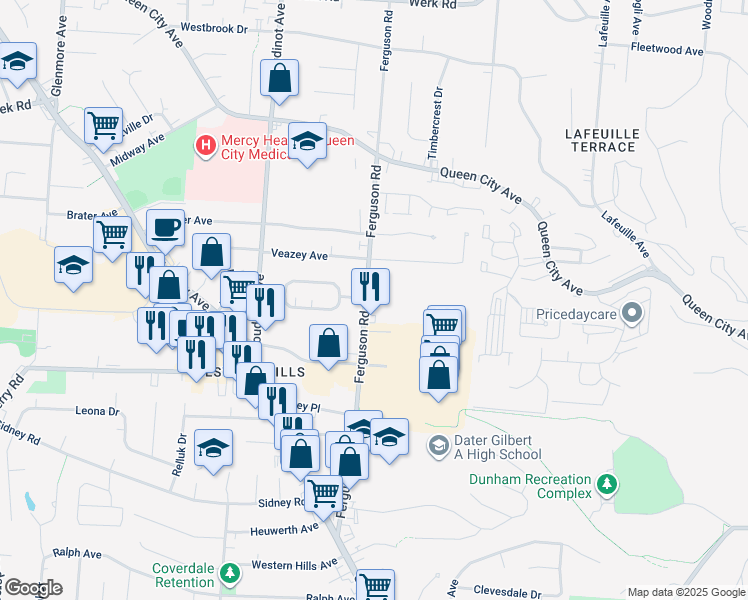 map of restaurants, bars, coffee shops, grocery stores, and more near 2416 Ferguson Road in Cincinnati