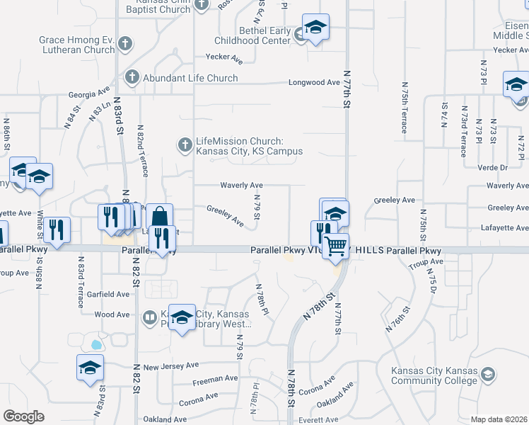 map of restaurants, bars, coffee shops, grocery stores, and more near 2127 North 79 Street in Kansas City