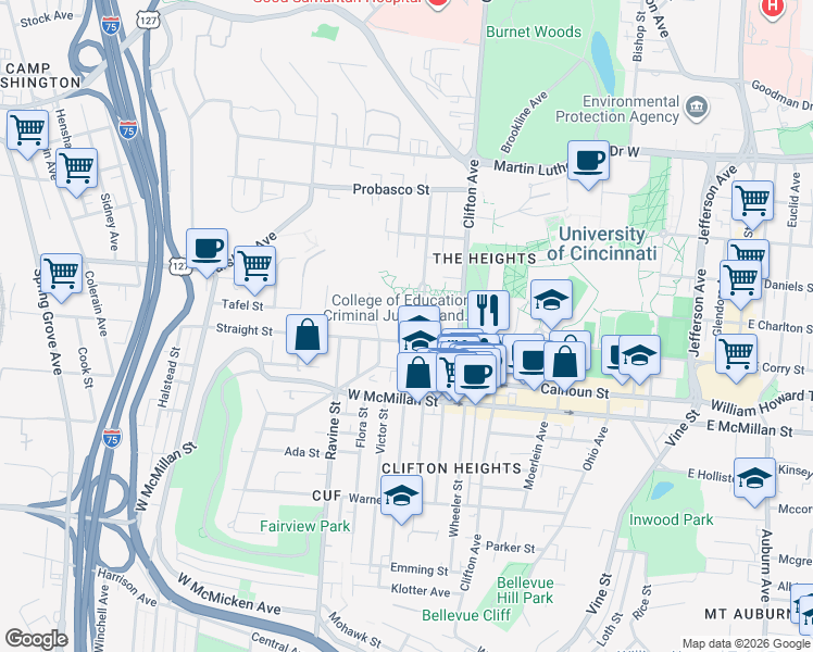 map of restaurants, bars, coffee shops, grocery stores, and more near 424 Straight Street in Cincinnati